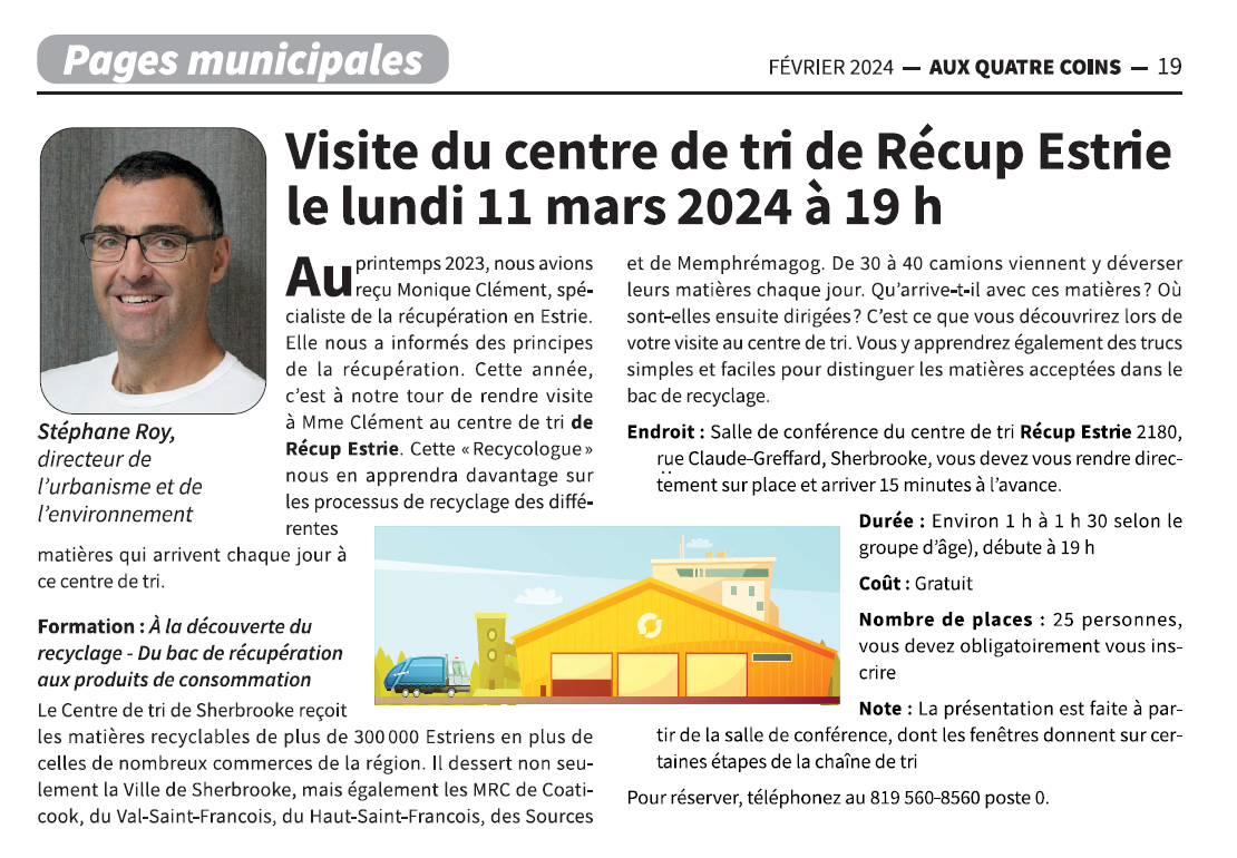 Visite du centre de tri de Récup Estrie le lundi 11 mars 2024 à 19h00